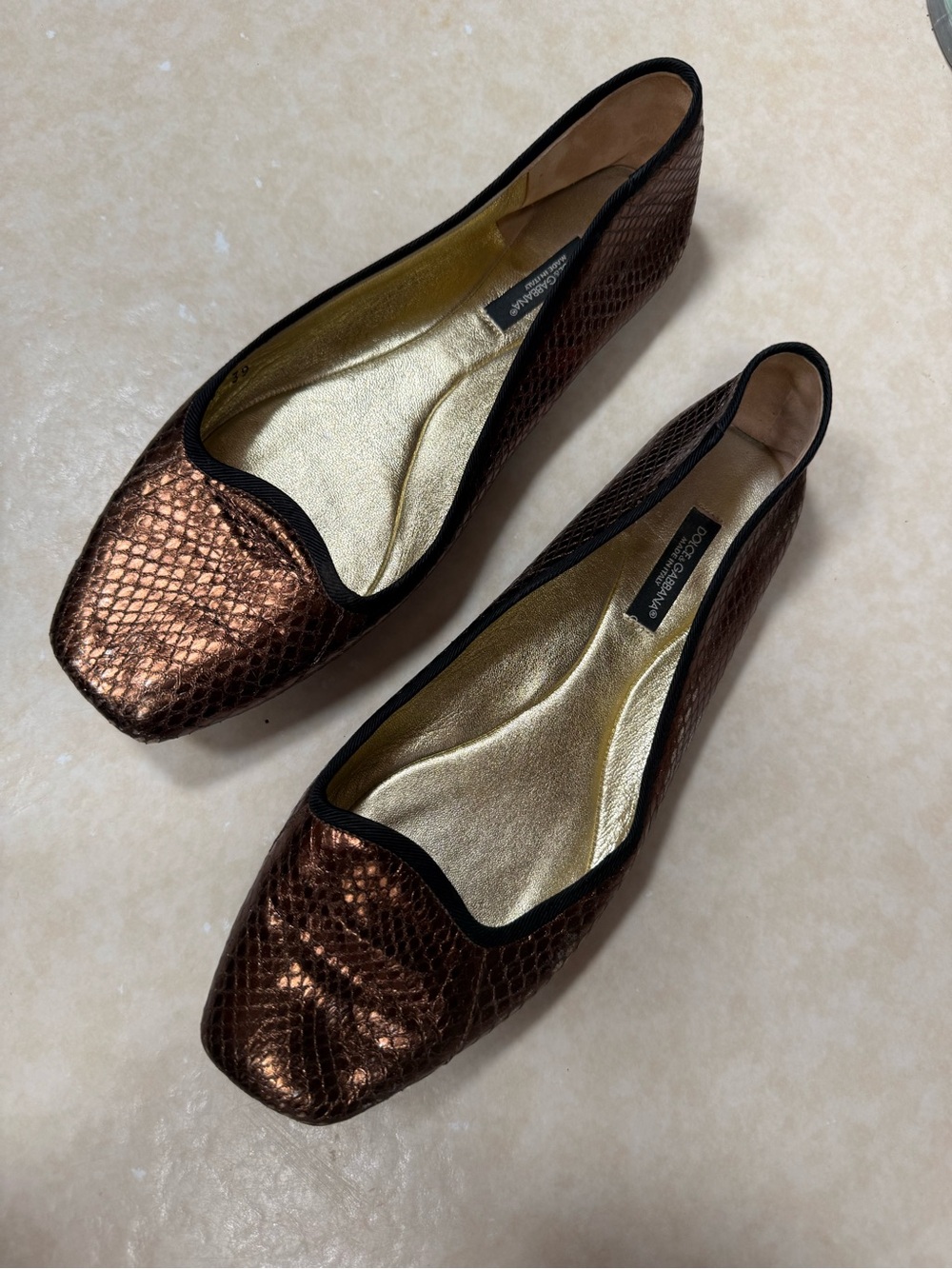 Dolce & Gabbana bronze metallic snakeskin-embossed leather ballet flats size 39